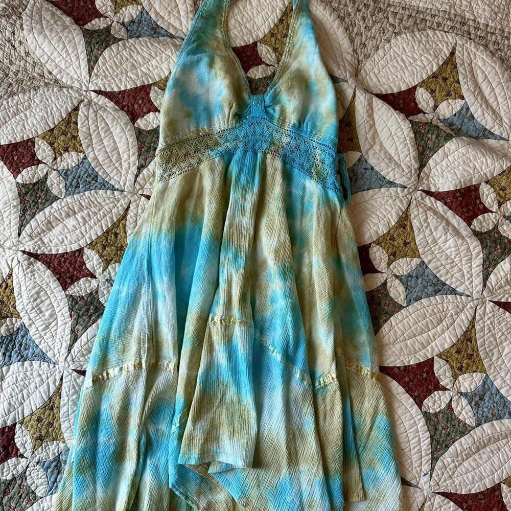 Unique rare vintage Y2K blue and green tie-dye halter top whimsical fairy dress.